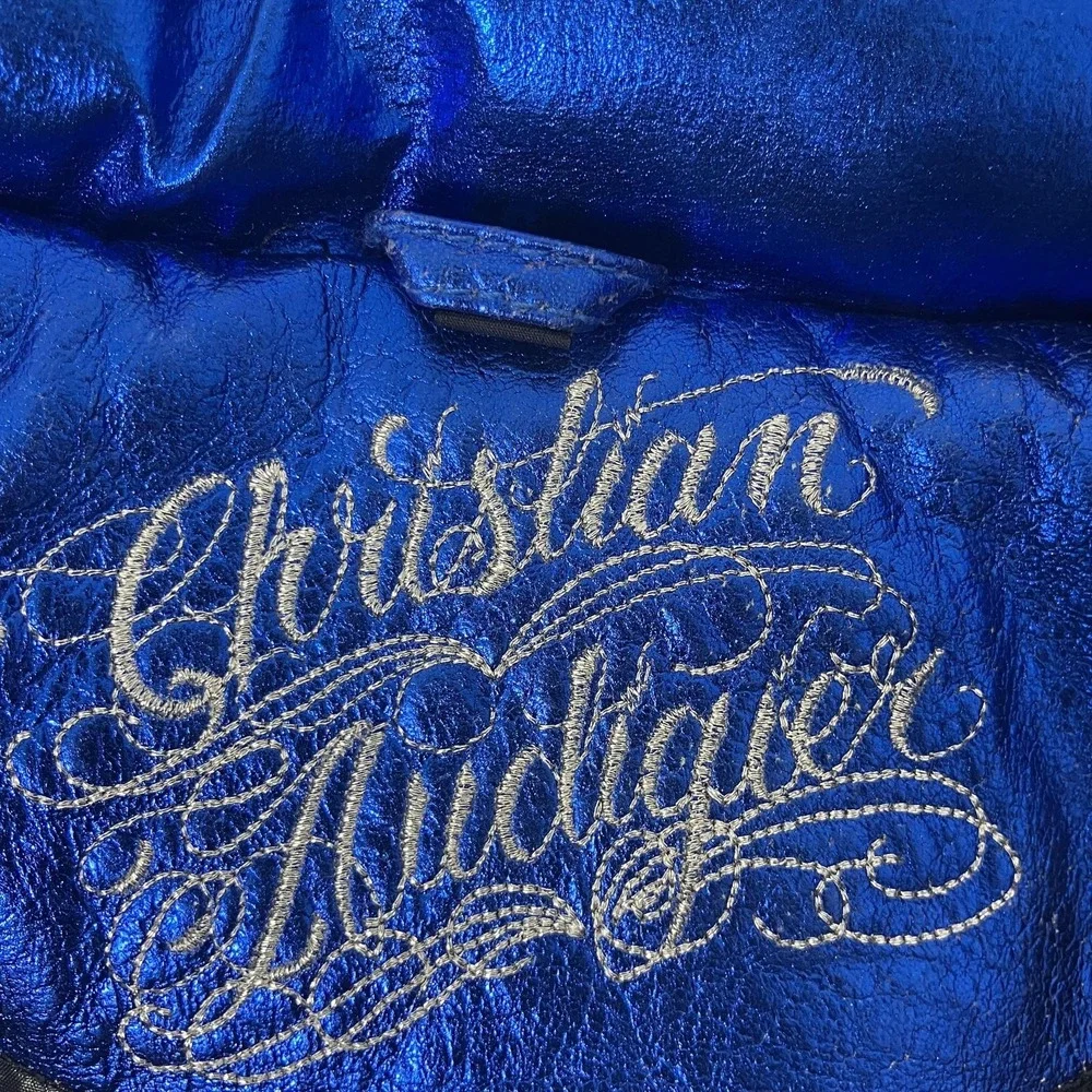 Christian Audigier Jacket Mens Medium Blue Leather Puffer Metallic‎ Y2k